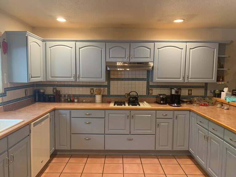 Painted blue-gray kitchen cabinets