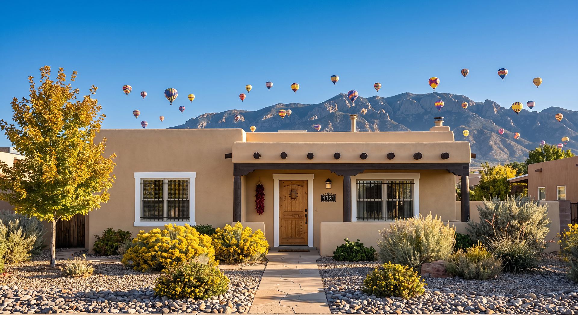 Adobe-style home with hot air balloons and the Sandia Mountains